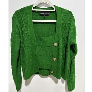 Kendall + Kylie Cardigan Tank Set Womens Large Kelly Green Cable Knit Sweater